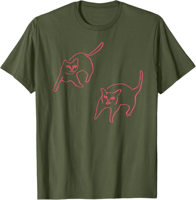 猫二匹のイラストのオリーブグリーン色のＴシャツ